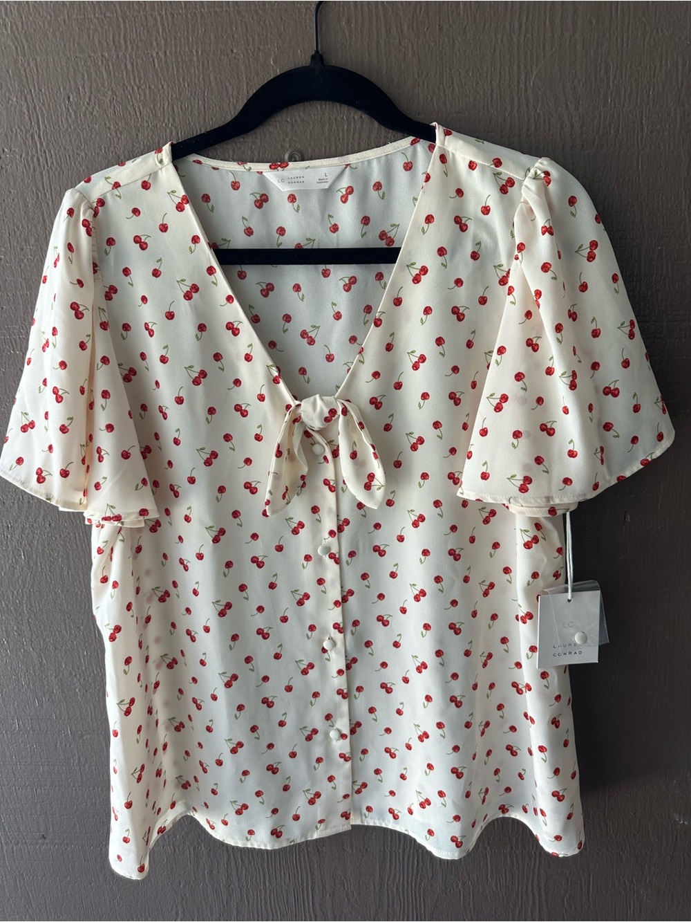 LC Lauren Conrad Cream Cherry-Print Tie-Neck Blouse